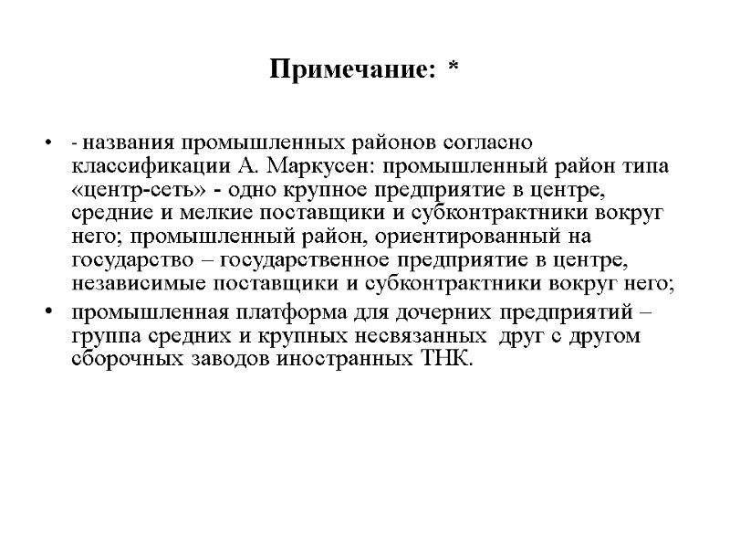 Примечание: * - названия промышленных районов согласно классификации А. Маркусен: промышленный район типа «центр-сеть»